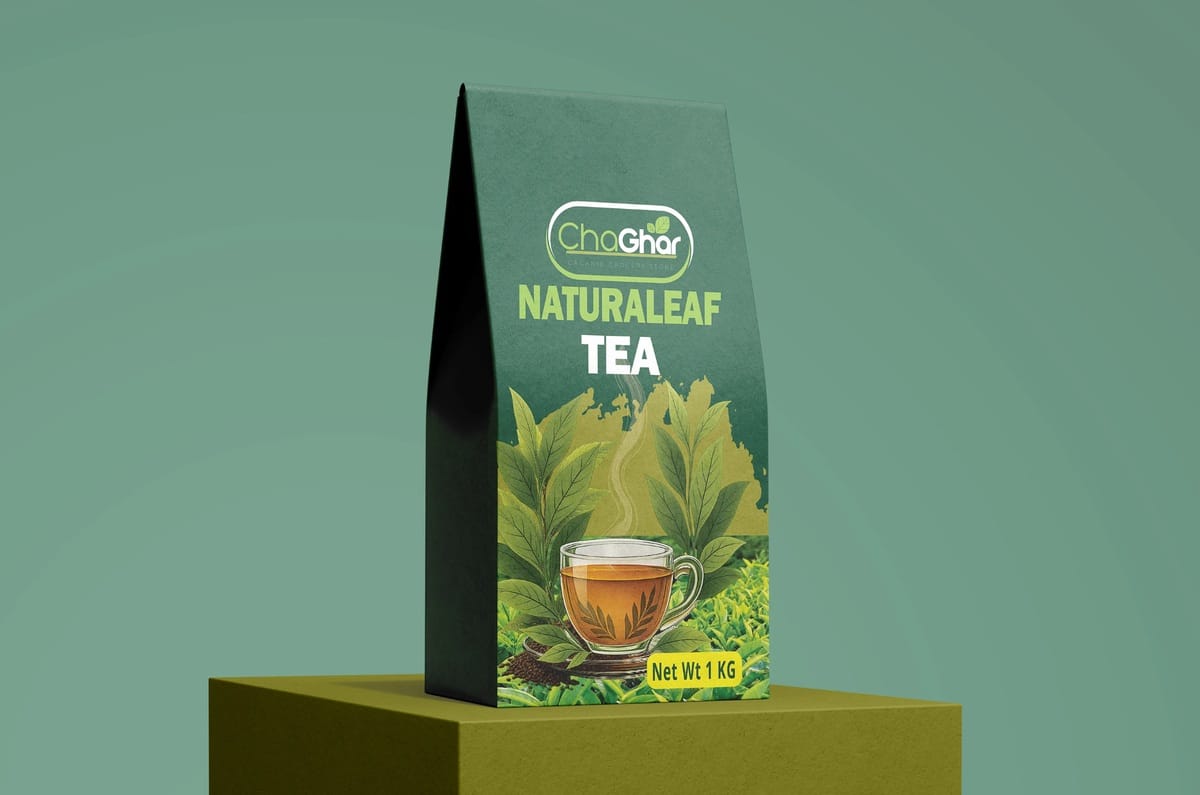 A green pouch tea packaging design