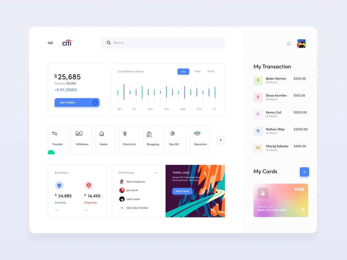 A bank dashboard design