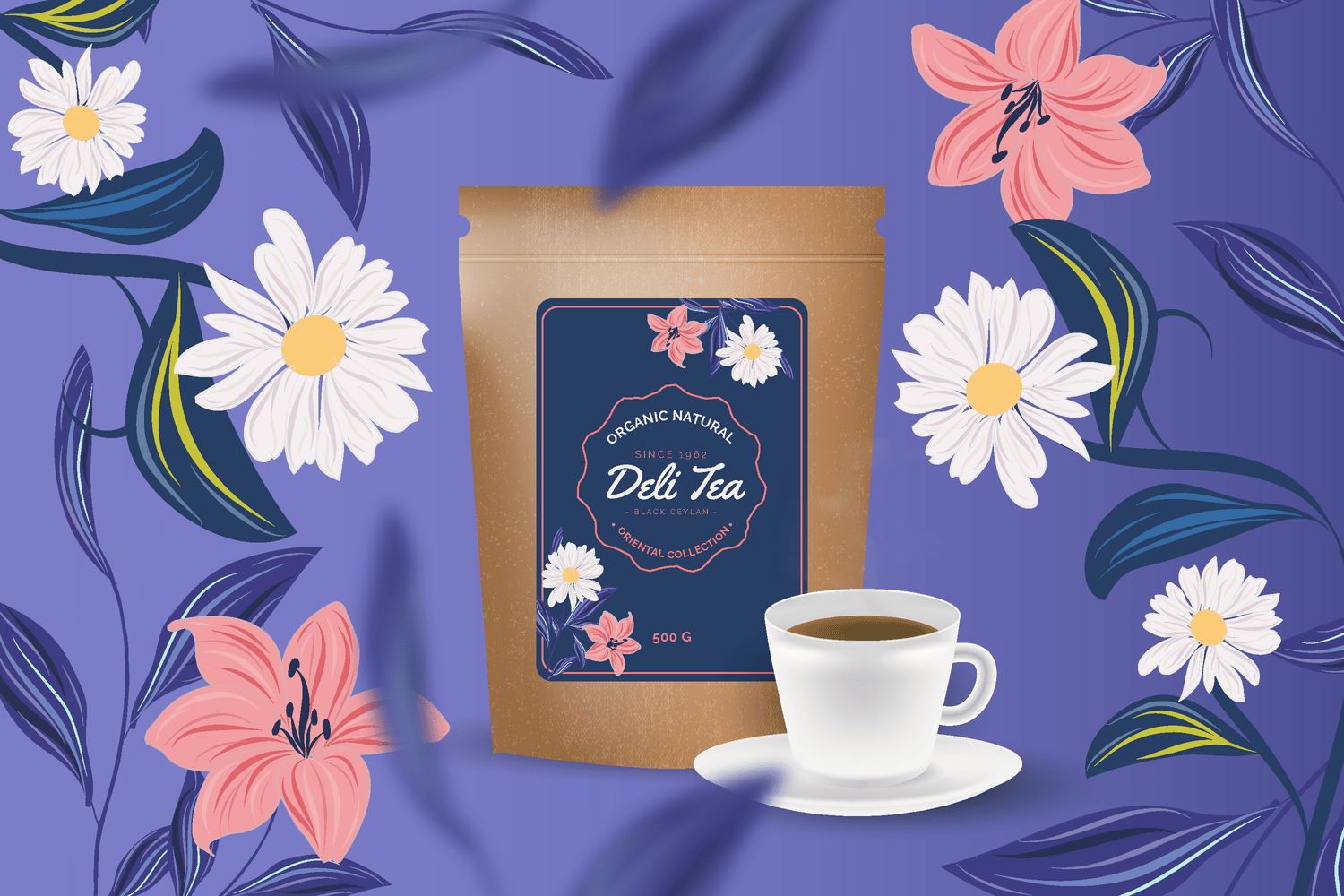 A tea packaging and cup illustration